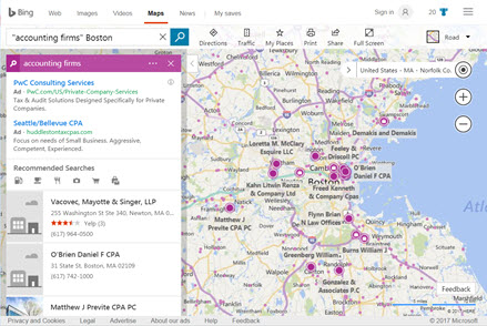 Bing Maps search for accountants in the Boston area