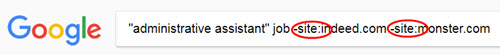 Google site search excluding Indeed and Monster from the results